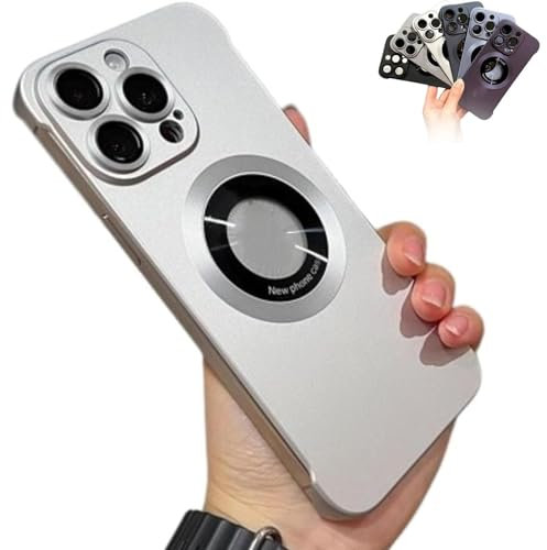 Sentechx Ultra-Thin Frameless Case for iPhone, Metallic Paint Frameless Matte PC Magnetic Phone Case with Lens Protector, Ultra-Thin Sleek Profile Shockproof Case for iPhone 15/14/13 Silver