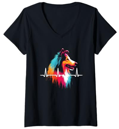 Damen Rough Collie Heartbeat – Vintage Collie Herding Hundeliebhaber T-Shirt mit V-Ausschnitt