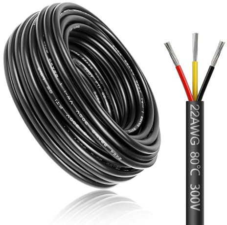 LightingWill 16.4FT/5M 22AWG 3x0.3mm² Electrical Wire, 3 Core, 22 Gauge 5V/12V/24V/240V/300V Low Voltage Extension Cable, Tinned Copper Wires, Flexible, High Temperature Resistant