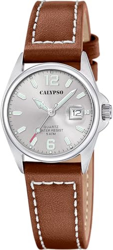 Calypso Analoge Damenuhr K5871/2 Quarz - Wasserfest 5 ATM Hochpräzises Uhrwerk - Eleganter und Klassischer Stil - Braunes Lederarmband - Basic