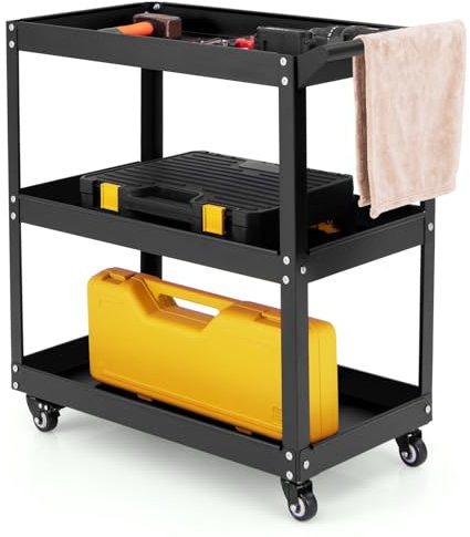 TANGZON 3-Tier Tool Cart on Wheels, Heavy Duty Utility Garage Serving Trolley with Convenient Handle & 2 Lockable Casters, Multi-purpose Rolling Organizer Cart (Black)