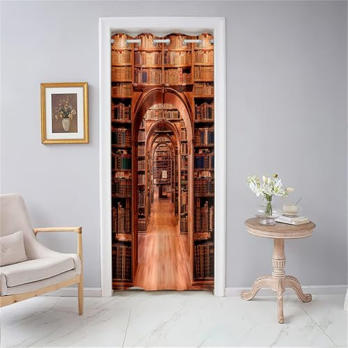Odot Türvorhang Blickdicht mit Ösen, Verdunklungsvorhänge Vintage-Bücherregal-Druck Vorhang 1 Stück Thermovorhang Wohnzimmer Schlafzimmer Schrank Raumteiler Vorhang (120x200cm,Stil A)