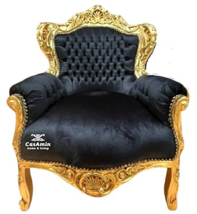 CasAmin Home & Living Black Armchair French Sofa Armchair Louis XV Baroque Rococo Style Gold Finish for Home Decor
