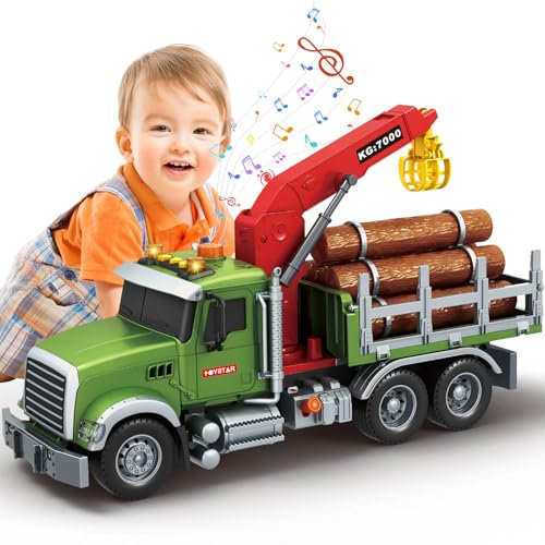 Mostop Logging Truck Kinderspielzeug für 3 4 5 6 7 8 Jahre alte Jungen,15'' Farm Logging Truck mit Kran und 6 Baumstämmen,Lichter, Geräusche,Holztransport Holzschlepper Spielzeug