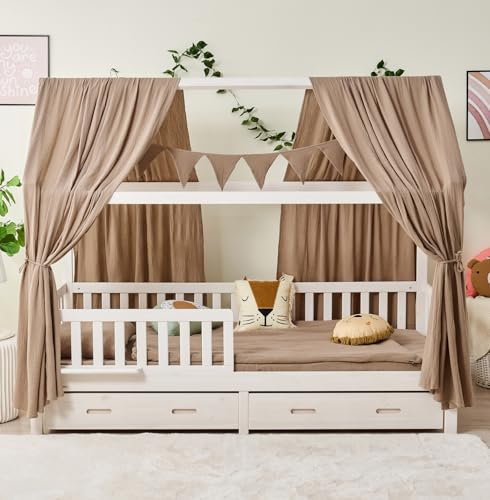 ALAVYA HOME Hausbett KOMPLETT Set I Kinderbett 80x160 cm mit Schubladen inkl. Deko und Matratze mit Rausfallschutz und Lattenrostt (Braun - mit Matratze+Schubladen+Musselin DEKO, 80 x 160 cm)