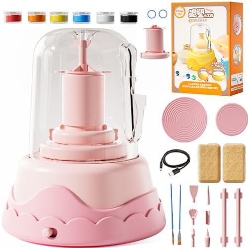 Four à poterie, Tour de poterie électrique avec réglage à 2 Vitesses, 8 Accessoires, Mini Tour de poterie, Amovible pour Le Nettoyage, kit d'outils de Travail de Bricolage Pink