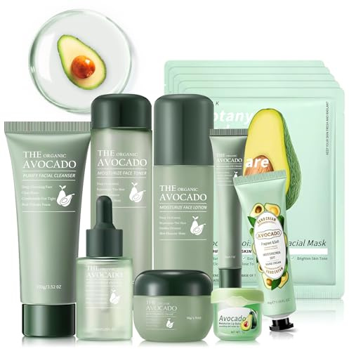 Avocado Skin Care Set, 13-In-1 Travel Skincare Kits for Hydrating & Soothing Skin, Daily Care Routine Kit with Avocado, Anti Aging Facial Kit for Women, Reduces Acne, Fine Lines & Wrinkles.