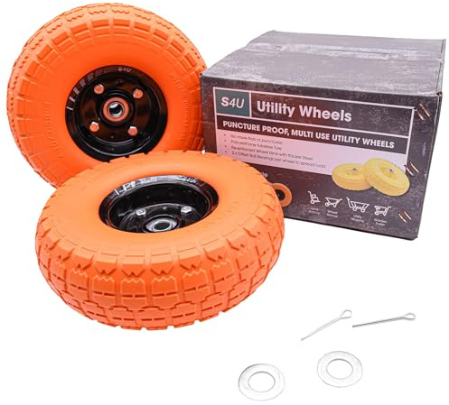 S4U 2x10” Sack Barrow Hand Truck Trolley Cart Wheelbarrow Solid Wheel 3.5-4 PU Heavy Duty Puncture Proof 16mm Bearing Wheel Nylon locking nuts (Tangerine)