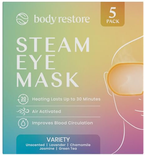 Body Restore Self Heated Steam Eye Mask 5 Pack - Easter Basket Stuffers, Relaxation Gifts for Her and Him, Best Friend, Stye Eye Treatment, Disposable Heating Pad, Travel Essentials - Variety