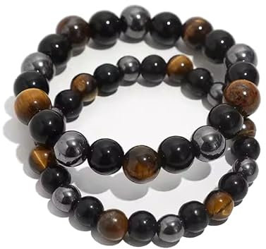 Tigerauge Armband,Herren Perlenarmband Dreifacher Schutz,10mm Schutzsteinarmband Herren,Tigerauge,Obsidian,Turmalin Steine,Tibetische Buddhistische Buddha Meditation Perlen/Armband/Halskette (2-Stück)