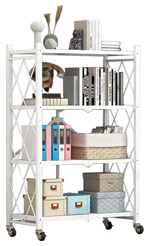 Foldable Storage Shelf Unit on Wheels, Kitchen Shelves on Wheels, Shelving Organizer Rack, Metal Rolling Trolley, Metal Folding Shelving for Kitchen, Garage and Laundry Bathroom (White, 4-Tiers)