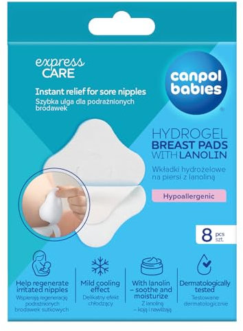 Canpol Babies Beruhigende Hydrogel-Einlagen auf der Brust mit Lanolin 8Stück, Sanfte kühlende Wirkung, Unterstützung der Regeneration der Haut von gereizten Brüsten, Dermatologisch getestet.