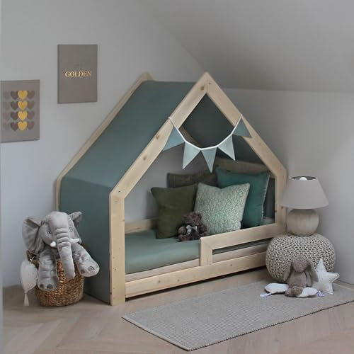 Need Sleep Hausbett Himmel mit Wimpelkette für Bett 90x200 cm - 100% Baumwolle Betthimmel Mädchen Junge- Himmelbett Vorhang für Kinderbett - Baldachin Kinderzimmer Deko Grün (440 cm x 90 cm)