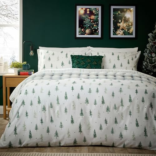 Olivia Rocco Christmas Duvet Cover Set Festive Bedding Quilt Cover Xmas with Pillowcases Reversible Design Easy Care Bed Linen Sets, St Moritz Green - Double