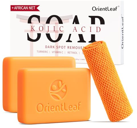 ORIENTLEAF Kojic Acid Soap, Kojisäure Seife mit Kojic Acid und Kurkuma, afrikanisches Schwammnetz, 113 g, frischer Zitrusduft, sanft für Gesicht und Körper, mit Vitamin C und Retinol (2er-Pack)
