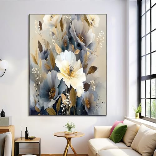 Moderne Bilder Wohnzimmer Poster 70x100cm Hochformat, Aquarell Luxus Abstrakt Blumen Beige Grau Leinwand Bilder Deko, Wandbilder für Wohnzimmer Schlafzimmer Ohne Rahmen