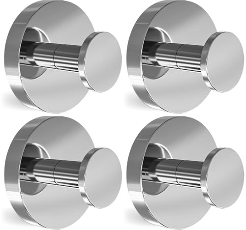 4-Pack Drill-Free Suction Cup Hooks, Stainless Steel Strong Vacuum Hooks for Bathroom Shower, Waterproof No Trace Towel Hangers, Only for Smooth Flat Surfaces (Polished Silver)