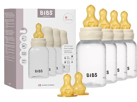 BIBS Plastic Baby Bottle, 150 ml, 4-Pack, Natural Rubber Latex Teat, Ivory | Anti-Colic | Natural Rubber Latex Teat | Flow Control | BPA-Free Plastic | Breastfeeding Support | Made in Denmark
