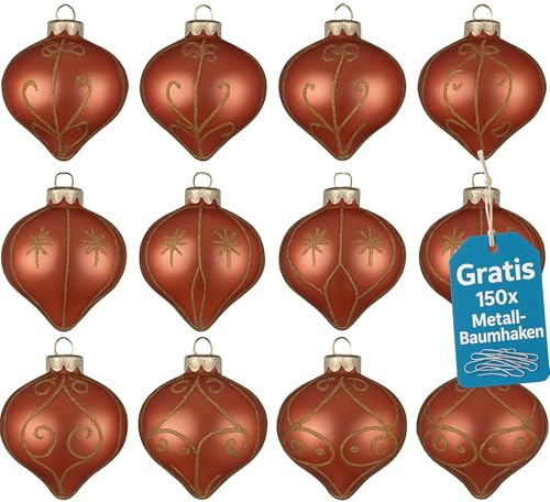 Weihnachtskugeln Glas 12er Set – Premium Christbaumkugeln 8 cm Handbemalt Glaskugeln für Weihnachtsbaum Adventskranz + Inkl. 150 Metall-Baumhaken - Set Zwiebel