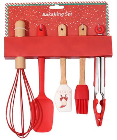5Pcs/Set Christmas Baking Supplies Set Food-Grade Themed Christmas Spatula with Whisk Tong and Brush Cute Holiday Baking Tools for Cooking Mixing Serving and Kitchen Decoration
