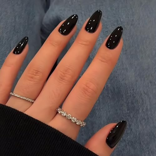 Classic Black Press On Nails Almond Shape – Short False Nails with Glossy Finish, Reusable Stick On for Women, Elegant Touch French Tips, Long Lasting & Easy to Apply (24PCS) (Obsidian Shine Nails)