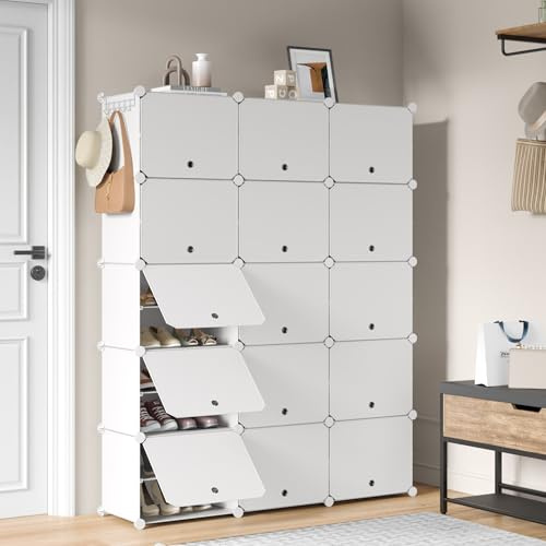 Mondeer 3x10 Tier Shoe Storage Cabinet Stores 60 Pairs, Shoe Rack, White | Modular Plastic Shoe Organizer with Removable Shelf and Hooks, for Hallway Entryway Closet