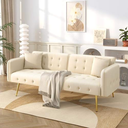 Schlafsofa 2 Sitzer Samt mit XXL Liegefläche 215cm Verstellbare Armlehnen & Rückenlehne Splitback Goldene Beine Stabil 6 Füße Gästebett Sofa Bed Velvet