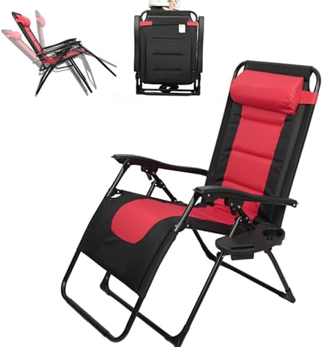 Liegestuhl Klappbar Zero Gravity Sonnenliege, Klappbare Gartenliege mit Abnehmbare Nackenkissen Getränkehalter, Verstellbare Rückenlehne,Belastbar 150kg,Ergonomisches für Balkon Strand Garten (Red)