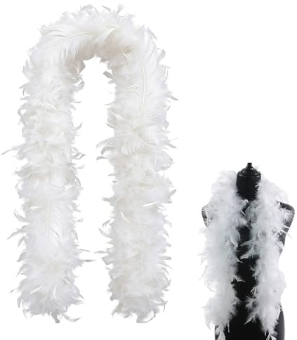 OYZOQ 1 PCS Federboa weiß, Accessoires Damen WeißFedern,federrock weiss,2m Metallic Glitzer Karneval Federn für Kostüm Dekoration, Karneval Fasching Party Basteln