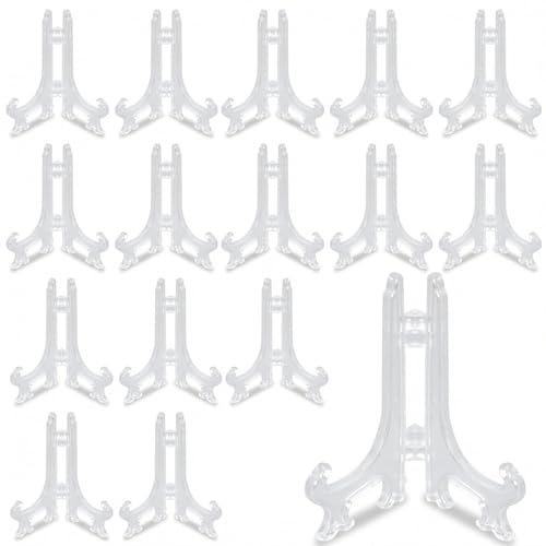 HJZHII 15 Pcs 3 Mini Clear Plastic Easels, Small Plate Display Stands | Plate Holders Picture Frame Easel Home Decoration Stands to Display Pictures or Other Items for Weddings Birthdays Tables