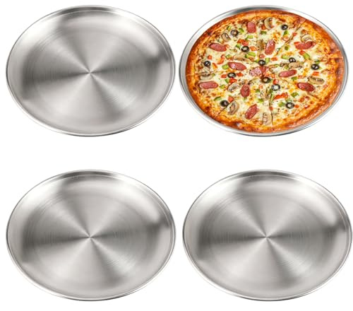 OFXCEN 4 PCS Pizza Oven Stainless Steel,12 inch Pizza Plates Metal Round 30cm Silver Baking Sheet Pan Non Stick Baking Pan Unbreakable Dinner Plates for BBQs Picnics Kitchen