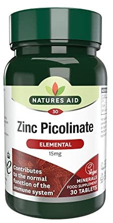Natures Aid Zinc Picolinate Tablets 15mg - Supports Immune Health - Antioxidant Protection - Metabolism Wellness - Vegan Gluten-Free Non-GMO - High Potency Natural Supplement - 30 Tablets
