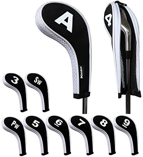 Andux 10pcs/set Number Print Golf Iron Club Head Covers with Zipper Long Neck Black/white