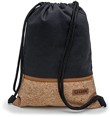 By Bers LEON Turnbeutel mit Innentaschen in Kork oder Schlange -DesignRucksack Tasche Damen Herren & Teenager Gym Bag Draw String (Kork_Schwarz)