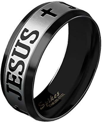 beyoutifulthings Jesus Kreuz sandgebürstet Band-Ring Finger-Ring Chirurgenstahl 316L Verlobungs-Ring Partner-Ring Trau-Ring Schwarz 47(15)