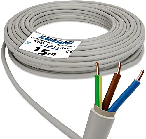 EBROM NYM-J 3 x 1,5 mm² – Cavo di installazione – Tubo per ambienti umidi – Grigio – Ampia scelta in molte lunghezze con incrementi di 5 metri fino a 250 metri al pezzo – Lunghezza: 3 x 1,5 mm2, 15