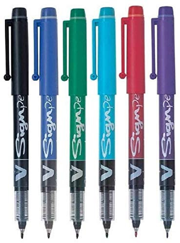 3XAssorted Colour Pack V Sign Pen (6 Pens) Medium (1 of Each Colour - Black Red Blue Green Purple and Light Blue)