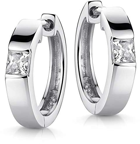 Materia Damen Creolen Klappcreolen 925 Sterling-Silber mit Zirkonia Steinen 17mm klein rhodiniert SO-432-Silber