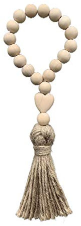 Natural Wood Bead Garland with Tassel Boho Beads Farmhouse Tiered Tray Decorative Heart-Shaped Design Rustic Country Wooden Wall Hanging Decor Prayer Beads Colorful Handmade Summer Beads Decorations