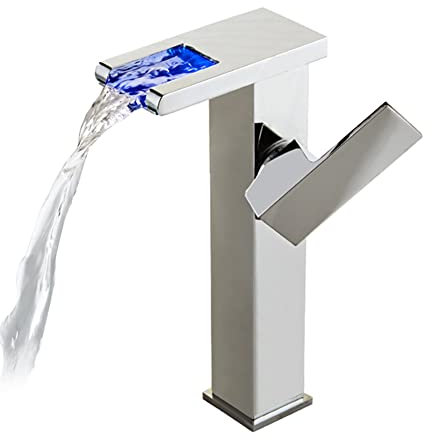 FW Robinet Lavabo LED Haut Cascade Robinet Salle De Bain, Moderne Design Élégant Laiton Mitigeur Lavabo, Eau Chaude Et Froide Disponible, 3 Changements De Couleur, Chromé
