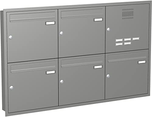 Briefkastenanlage Unterputz mit eckiger Verkleidung und Klingeln Modell U3 Farbe RAL 9007 Graualuminium, Größe mit 5 Briefkästen