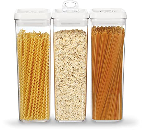 Felli Flip Tite Luftdichte Aufbewahrungsbehälter mit Deckel, leicht zu öffnender Pasta-Set, 2.0 Viertel für Spaghetti, lange Nudeln, Müsli, stapelbar (Regulär 2. 0 Qt, weiße Deckel)