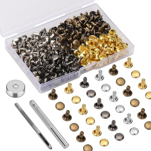 Easusy Rivets, 120 Sets 8 * 8mm Multicolor Leather Rivets, Double Cap Rivets with Hollow Punch & Punch Tool for Leather Crafts, Clothes, Shoes, Jackets