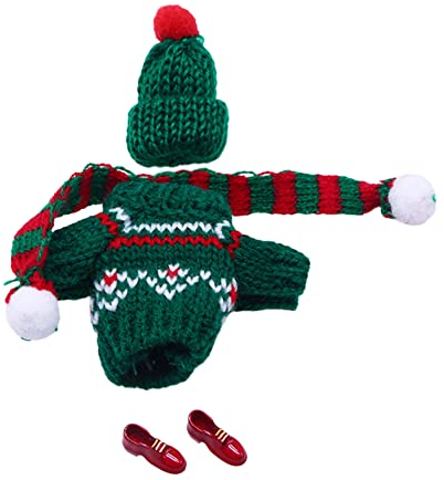 Surakey Weihnachts Kleidung für Mini Puppen,Weihnachten Puppenbekleidung,Weihnachten Elf Puppe Zubehör Set Strick Weihnachtsmütze Schal Miniaturen Weihnachten Puppe Kleidung für 1/12 Puppenhaus