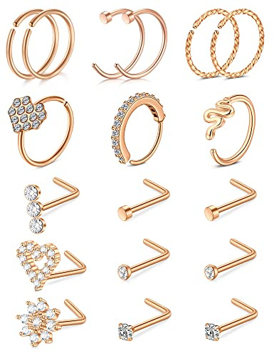 JFORYOU Nasenpiercing Stecker Nasenringe 20G Ohrstecker Chirurgenstahl L Form Nasenstecker für Frauen CZ Herz Mond Schmetterling Herz Schlange Nasenpiercings Schmuck