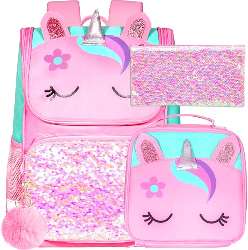 KLFVB 3-teiliger Rucksack für Mädchen und Jungen, 38,1 cm Einhorn-Dinosaurier-Büchertasche mit Lunchbox, Kinder-Vorschultasche für Grundschüler, Einhorn pink