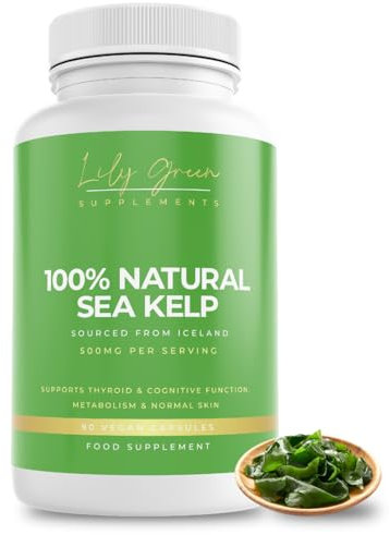 Lily Green Organic Sea Kelp | 500mg Per Serving Thyroid Support Supplement | 435mcg of Iodine Supplement per Capsule | Non-GMO & No Artificial Fillers Cognitive Supplements | 90 Capsules | Made in UK