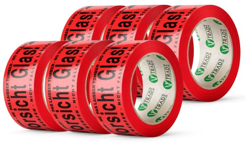 V1 TRADE Rotes Klebeband Vorsicht Glas 50mm x 66m (6 Stücke) - Paketklebeband - Vorsicht Glas Paketband - Rot Packband für Zerbrechtliches Paket - Packing Tape Weithin Sichtbar - Packetband
