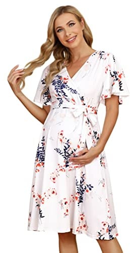 KOJOOIN Robe De Maternité pour Femme Robe d'allaitement À Col en V Robe De Maternité À Manches Courtes avec Volants Robe Florale
