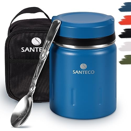 SANTECO Thermobehälter für Essen 500ml, 18/8 Edelstahl Warmhaltebehälter Speisegefäß für Essen mit Löffel und tragbaren Isolierbeutel, 24 Stunden Kalt (blau)